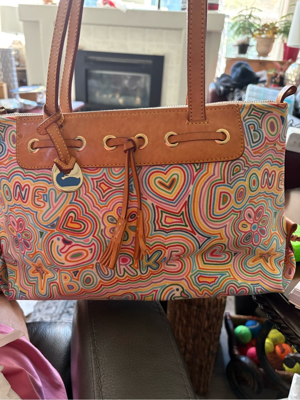 Dooney & Bourke Multicolor Canvas Tote with Tan Leather Trim